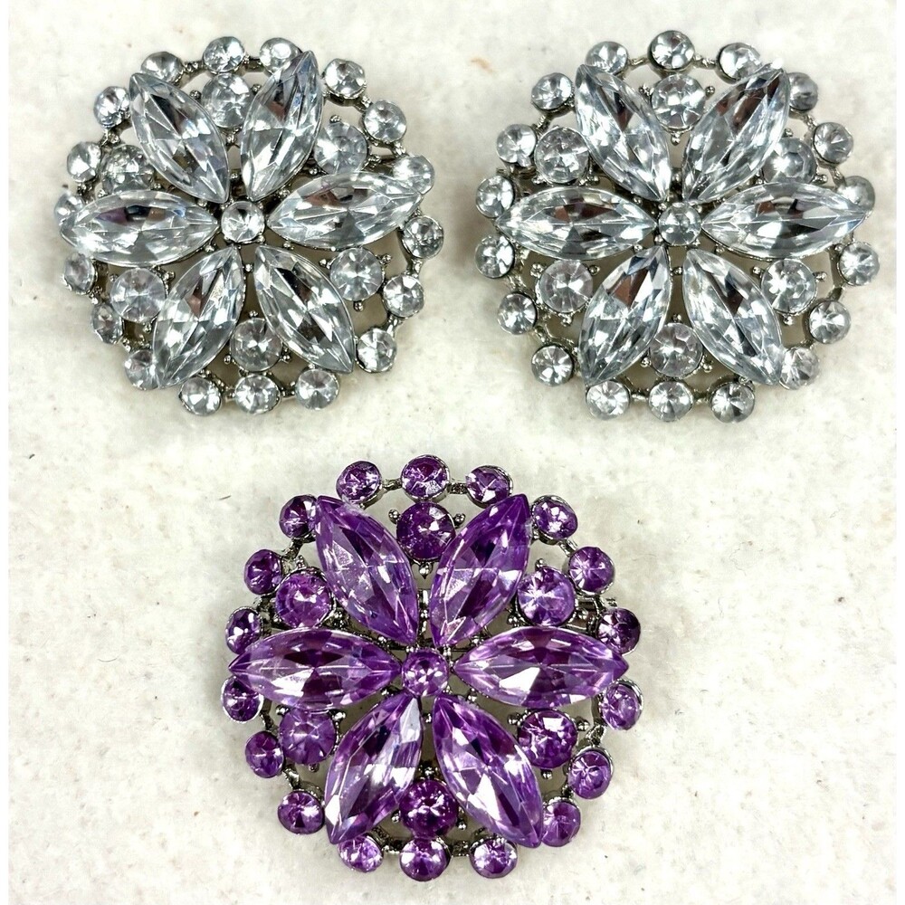 Vintage Rhinestone Brooch Lot 3 Clear Purple Crystal Flower Statement Pins